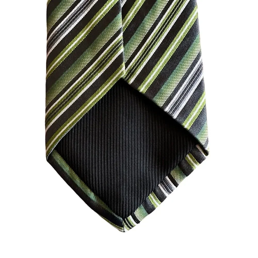 Geoffrey Beene | Men's Tie 100% Silk Green Grey White Striped